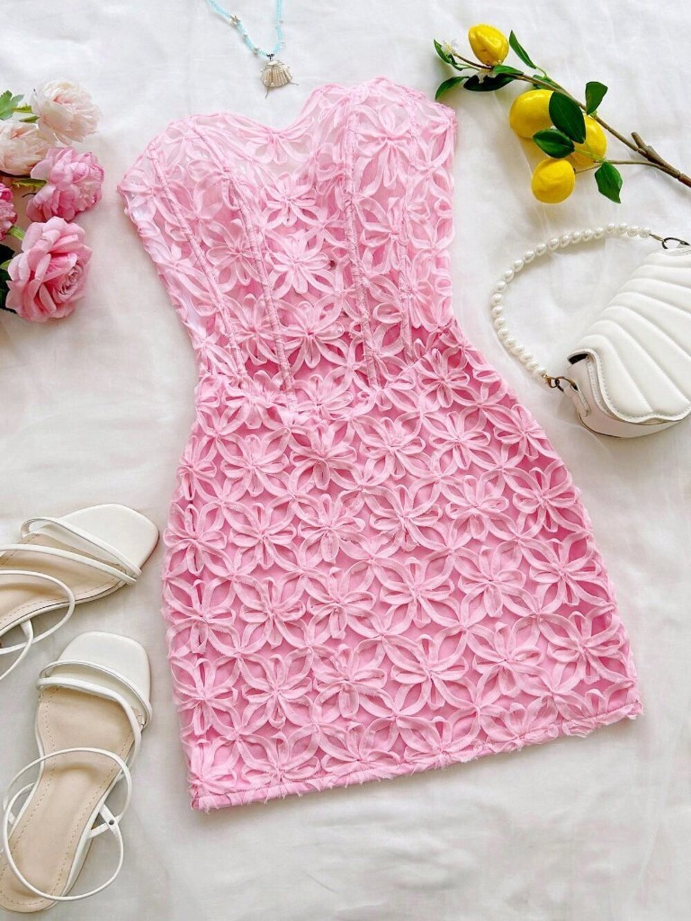 Pink Sexy Women's Backless Lace Tie-Up Mini Dress